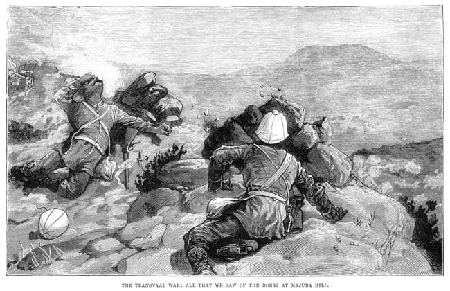 SOUTH AFRICA: MAJUBA, 1881. The Transvaal War: All that we saw of the Boers at Majuba Hill. British soldiers hiding from Boer fire at the Battle of Majuba Hill, 27 February 1881. Contemporary wood engraving from an English newspaper.  Copyright: xGRANGERx xGRANGERx 0052266