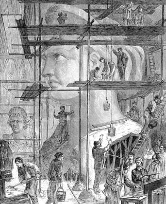 STATUE OF LIBERTY, 1878. Modeling the head of the Statue of Liberty in the Monduit and Bechet workshop at Paris, France. Wood engraving from a French newspaper of 1878.  Copyright: xGRANGERx xGRANGERx 0057400