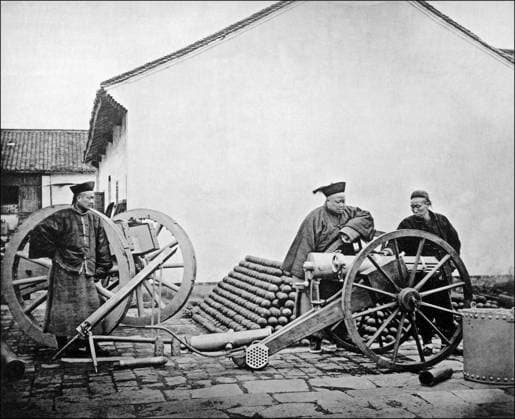 RECORD DATE NOT STATED China: Qing officers posing at the Nanjing Jinling Arsenal, built by Li Hongzhang in 1865 Li Hongzhang (Wade Giles: Li Hung-chang), Marquis Suyi of the First Class (February 15, 1823 November 7, 1901), was a Chinese civilian official who ended several major rebellions, and a leading statesman of the late Qing Empire. He served in important positions of the Imperial Court, once holding the office of the Viceroy of Zhili.<br ><br > Although he was best known in the West for his diplomatic negotiation skills, after the 1894 First Sino-Japanese War, Li became a symbol in China for late Qing-dynasty Chinese weakness vis-a-vis foreign powers. His image in China remains largely controversial, with criticism on one hand for his lack of polit Copyright: xxPicturesxFromxHistoryx