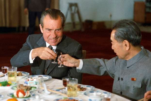 RECORD DATE NOT STATED China USA: Premier Zhou Enlai and President Richard Nixon toast each other, February 1972 U.S. President Richard Nixon s 1972 visit to the People s Republic of China was an important step in formally normalizing relations between the United States and the People s Republic of China.<br ><br > Between February 21-28, 1972, U.S. President Richard Nixon traveled to Beijing, Hangzhou and Shanghai. Almost as soon as the American president arrived in the Chinese capital he was summoned for a quick meeting with Chairman Mao who, unknown to the Americans, had been ill nine days earlier but was at that point feeling strong enough to meet Nixon. Although Nixon was in China for a week, this would be his sole meeting with the top Chinese leader.<br Copyright: xxPicturesxFromxHistoryx
