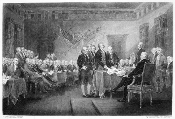 DECLARATION OF INDEPENDENCE The signing of the Declaration of Independence in Congress, at the Independence Hall, Philadelphia, Pennsylvania, 4 July 1776. Steel engraving after the painting by John Trumbull.  Copyright: xGRANGERx xGRANGERx 0059883