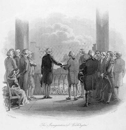 WASHINGTON: INAUGURATION. The inauguration of George Washington as the first President of the United States at Federal Hall, New York, 30 April 1789. Steel engraving, 1860.  Copyright: xGRANGERx xGRANGERx 0062191