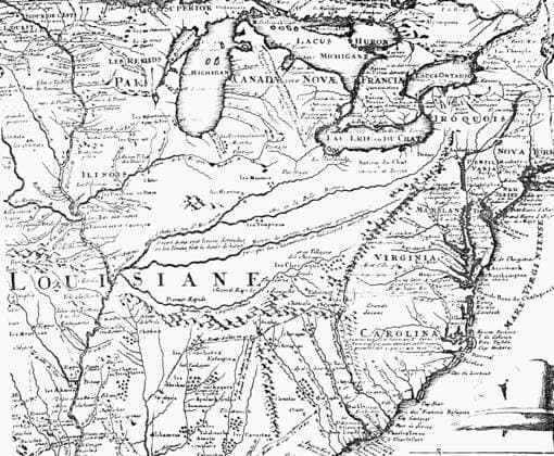 MAP OF LOUISIANA TERRITORY. Detail of a map of the Mississippi Valley and the Louisisana Territory made by Guillaume Delisle, Nuremberg, Germany, 1734.  Copyright: xGRANGERx xGRANGERx 0064478