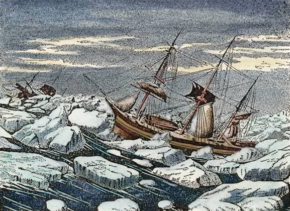 JOHN FRANKLIN S EXPEDITION. H.M.S. Erebus and H.M.S. Terror of Sir John Franklin s ill-fated Arctic expedition (1845-47) weathering a gale in an ice pack. Contemporary engraving.  Copyright: xSarinxImagesx xGRANGERx 0065179