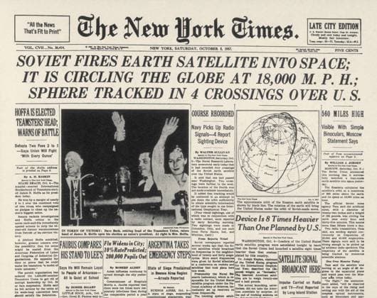 SPUTNIK I, 1957. The New York Times front page headline announcing the launch of Sputnik I, the Soviet Union s first earth satellite. Newspaper page, 5 October 1957.  Copyright: xGRANGERx xGRANGERx 0065986