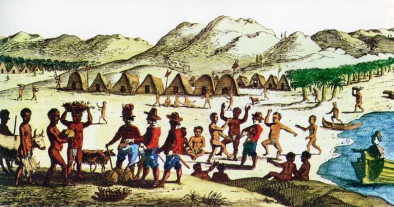 Netherlands Madagascar: Dutch ship captain Bontekoe barters for goods on an island off Madagascar in 1619. To the left, a Dutch sailor entertains the locals with his fiddle. Willem Ysbrandtszoon Bontekoe (1587 1657) was born in Hoorn in Holland. In 1607, at the age of 20, Bontekoe succeeded his father as captain of the ship Bontekoe. In 1617, the ship was seized by Barbary pirates and Bontekoe ended up at a slave market. He was bought free, but his ship was lost. He became a skipper for the Dutch East India Company (VOC), and made just one eventful voyage for the company (1618 25).<br ><br > After a pleasant nine-day stay on Ile Sainte-Marie near Madagascar, things went badly wrong. A fire, caused by a shipmate accidentally setting fi Copyright: xxPicturesxFromxHistoryx