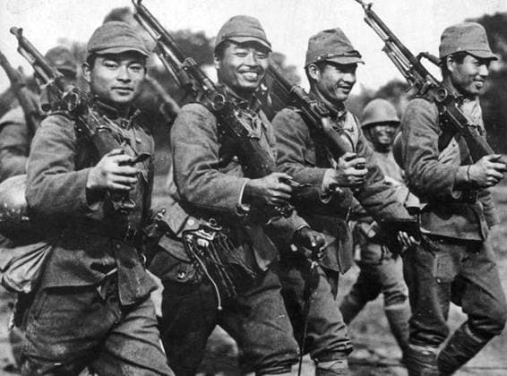 China: Second Sino-Japanese War (1937-1945). Smiling Japanese troops, 1937. The Second Sino-Japanese War (July 7, 1937 September 9, 1945) was a military conflict fought primarily between the Republic of China and the Empire of Japan. After the Japanese attack on Pearl Harbor, the war merged into the greater conflict of World War II as a major front of what is broadly known as the Pacific War. Although the two countries had fought intermittently since 1931, total war started in earnest in 1937 and ended only with the surrender of Japan in 1945.<br ><br > The war was the result of a decades-long Japanese imperialist policy aiming to dominate China politically and militarily and to secure its vast raw material reserves and other economic Copyright: xxPicturesxFromxHistoryx
