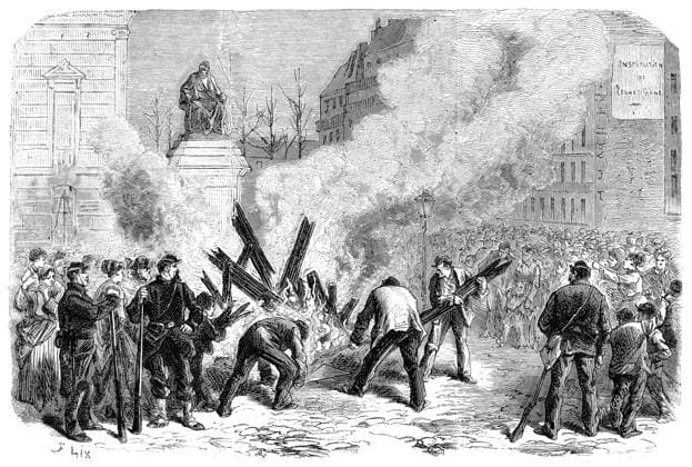 PARIS COMMUNE, 1871. Burning the guillotine in the Place Voltaire. Wood engraving from a contemporary French newspaper.  Copyright: xGRANGERx xGRANGERx 0078930