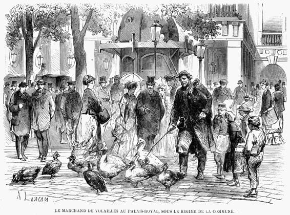 PARIS COMMUNE, 1871. A poultry merchant at Palais-Royal. Wood engraving from a contemporary French newspaper.  Copyright: xGRANGERx xGRANGERx 0078931