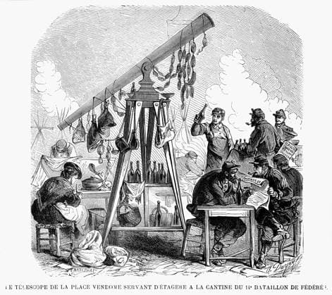 PARIS COMMUNE, 1871. The 14th Battalion stationed at the Place Vendome. Soldiers adapt the telescope for kitchen use. Wood engraving from a contemporary French newspaper.  Copyright: xGRANGERx xGRANGERx 0078989