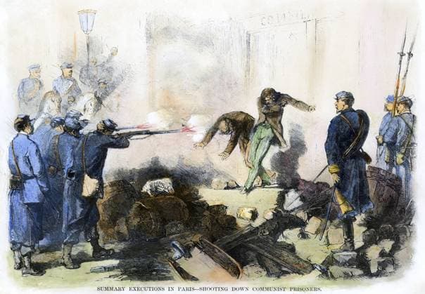 PARIS COMMUNE, 1871. Summary executions in Paris. Shooting down communist prisoners. Colored engraving from a contemporary American newspaper.  Copyright: xSarinxImagesx xGRANGERx 0079521