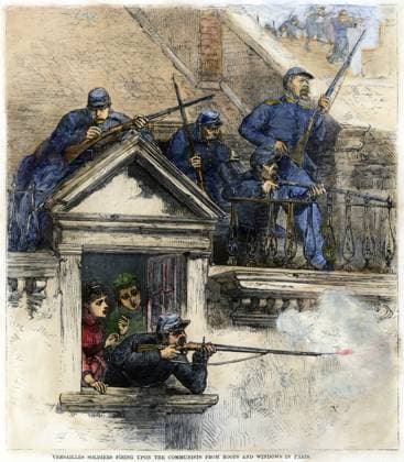 PARIS COMMUNE, 1871. Versailles soldiers firing upon the communists from roofs and windows in Paris. Color engraving from a contemporary American newspaper.  Copyright: xSarinxImagesx xGRANGERx 0079798