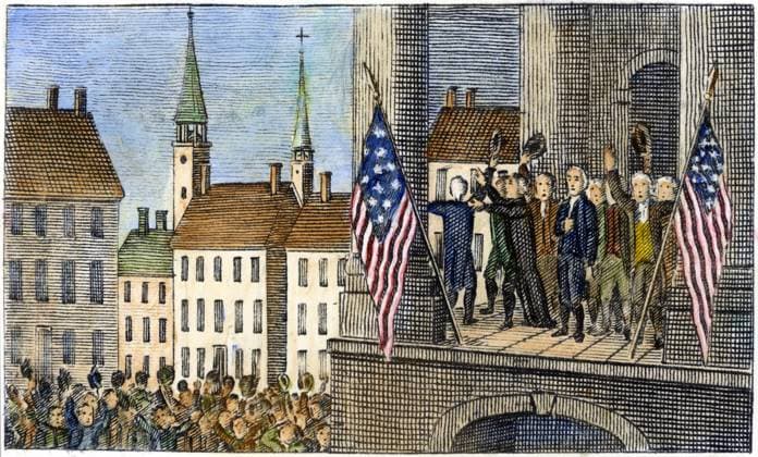 WASHINGTON: INAUGURATION, 1789. The inauguration of George Washington as the first President of the United States at Federal Hall, New York, 30 April 1789. Engraving, 1829.  Copyright: xSarinxImagesx xGRANGERx 0086905