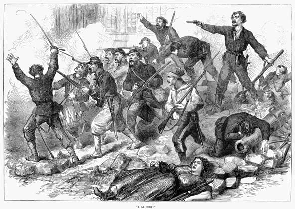 PARIS COMMUNE, 1871. A la Mort! Communards fighting in the streets during the Paris Commune of 1871. Wood engraving from an English newspaper of June 1871.  Copyright: xGRANGERx xGRANGERx 0087063