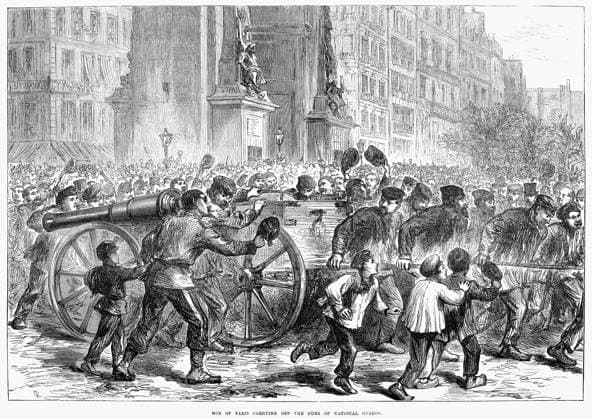PARIS COMMUNE, 1871. Mob of Paris carrying off the guns of National Guards. Wood engraving from an English newspaper of 11 March 1871.  Copyright: xGRANGERx xGRANGERx 0087067