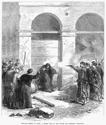 PARIS COMMUNE, 1871. The late events in Paris: a woman shot at the Louvre for spreading petroleum. Wood engraving from an English newspaper of 10 June 1871.  Copyright: xGRANGERx xGRANGERx 0087068