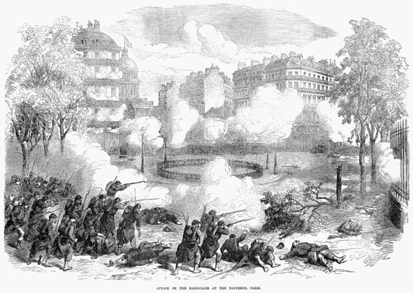 PARIS COMMUNE, 1871. French government troops fire on barricades set up by the Communards near the Pantheon in Paris, France. Wood engraving from an English newspaper of 10 June 1871.  Copyright: xGRANGERx xGRANGERx 0087069