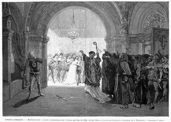 MASSENET: ESCLARMONDE. The exorcism scene of the premiere performance of Jules Massenet s opera Esclarmonde at the Opera Comique, Paris, France, in 1889. Contemporary French wood engraving.  Copyright: xGRANGERx xGRANGERx 0087186