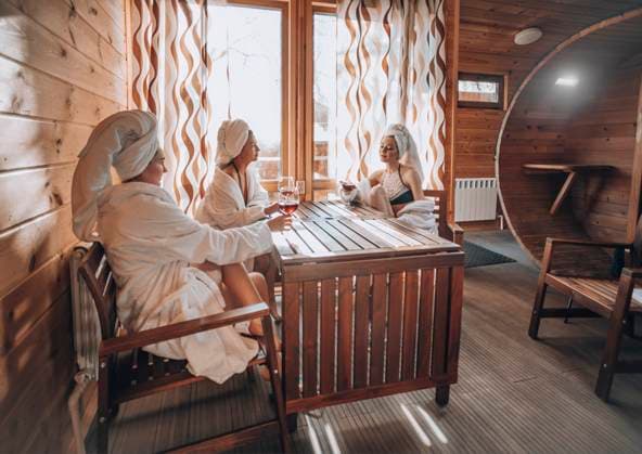 Women holding wineglasses and sitting at table in sauna model released, Symbolfoto property released, ADF00288