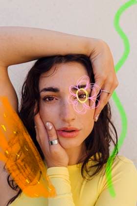 Creative Highlights Symbolbilder Young woman with doodles near face against white background model released, Symbolfoto, EGHF00859