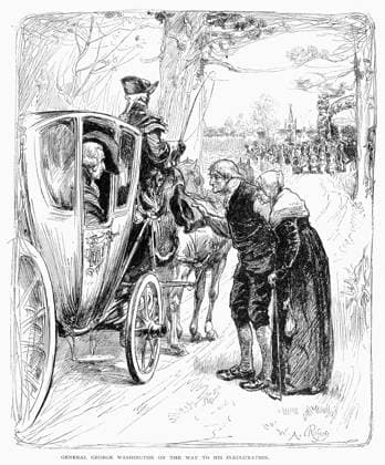 WASHINGTON: INAUGURATION. George Washington en route to his inauguration as the first president of the United States at Federal Hall, New York City, 30 April 1789. Drawing by W.A. Rogers, late 19th century.  Copyright: xGRANGERx xGRANGERx 0089625