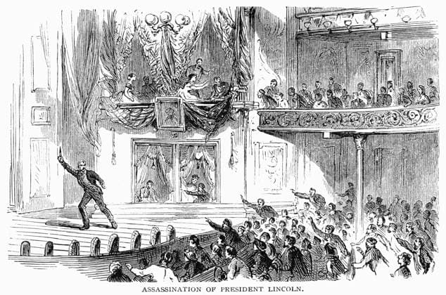 ABRAHAM LINCOLN (1809-1865). 16th President of the United States. John Wilkes Booth on the stage at Ford s theater after he had fatally shot President Lincoln, 14 April 1865. Wood engraving, 19th century.  Copyright: xGRANGERx xGRANGERx 0089934