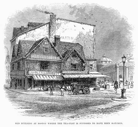 BOSTON TEA PARTY PLOT. Building in Boston where the Tea Party plot was supposedly hatched in 1773. Wood engraving, 19th century.  Copyright: xGRANGERx xGRANGERx 0090185
