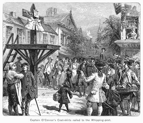 BOSTON TEA PARTY, 1773. Captain O Connor s coat-skirts nailed to the whipping post after he was caught attempting to salvage some of the tea thrown into the harbor for his own gain. Line engraving, 19th century.  Copyright: xGRANGERx xGRANGERx 0090186