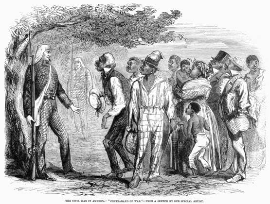 CIVIL WAR: FREED SLAVES. Contraband of war. Former slaves entering Union Army lines during the American civil war. Wood engraving from an English newspaper of 1861.  Copyright: xGRANGERx xGRANGERx 0090465