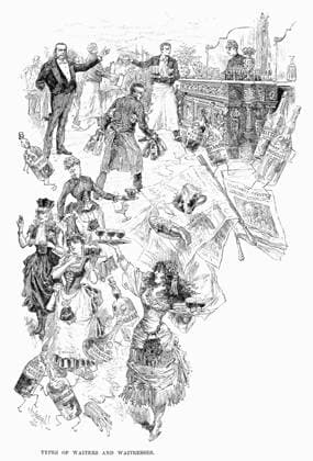WAITERS & WAITRESSES. Types of waiters and waitresses from the cafes of Paris. Line engraving, 1889.  Copyright: xGRANGERx xGRANGERx 0097713