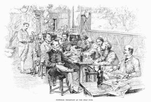 PARIS: CHAT NOIR, 1889. Editorial breakfast at the Chat Noir cafe, Paris, France. Line engraving, 1889.  Copyright: xGRANGERx xGRANGERx 0097716