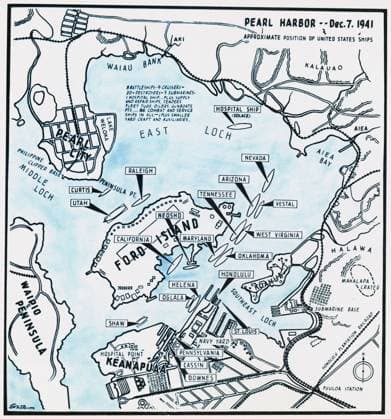 WORLD WAR II: PEARL HARBOR. Map of Pearl Harbor, Hawaii, showing the U.S. naval base and the approximate location of American ships at the time of the Japanese attack on the morning of 7 December 1941.  Copyright: xGRANGERx xGRANGERx 0100554