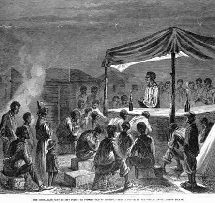 CIVIL WAR: CONTRABAND. Evening prayer meeting at a Contraband camp of former slaves freed by the Union Army at City Point, Virginia. Wood engraving, 1864.  Copyright: xGRANGERx xGRANGERx 0101401