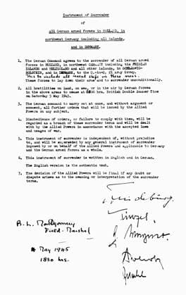 GERMAN SURRENDER, 1945. Instrument of surrender of German forces in Holland, Denmark, and northwest Germany, signed at the headquarters of British Field Marshal Sir Bernard Law Montgomery at Lueneburg Heath, Lower Saxony, Germany, 4 May 1945.  Copyright: xGRANGERx xGRANGERx 0103202