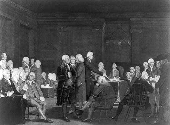 VOTING INDEPENDENCE, 1776. The Continental Congress voting in favor of independence, 1776. Copper engraving by Edward Savage, early 19th century, after a painting by Robert Edge Pine.  Copyright: xGRANGERx xGRANGERx 0106018
