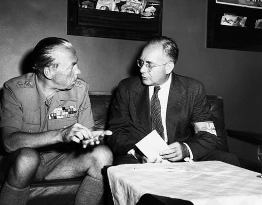 FOLKE BERNADOTTE (1895-1948). Count of Wisborg and Swedish diplomat, appointed as the United Nations mediator in Palestine in 1948. Bernadotte (left), speaking with Sir Raphael Cilento, director of disaster relief in Palestine, 1948.  Copyright: xGRANGERx xGRANGERx 0107001