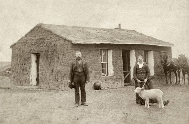 NEBRASKA: SETTLERS, c1886. A man and woman with their sheep standing in front of their sod house at Dale Valley, Custer County, Nebraska. Photograph by Solomon Devore Butcher, c1886.  Copyright: xGRANGERx xGRANGERx 0109904