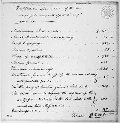 LEWIS: EXPEDITION SUMMARY. Estimate by Meriwether Lewis of the sum necessary to carry out the Mississippi expedition, 20 April 1803.  Copyright: xGRANGERx xGRANGERx 0113613