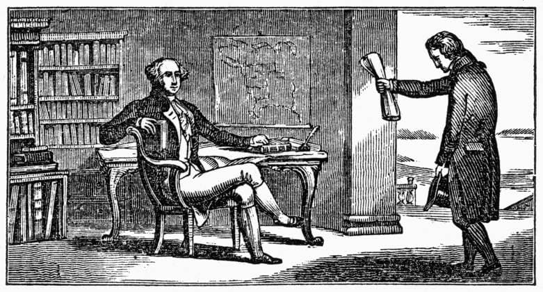 GEORGE WASHINGTON (1732-1799). Washington receiving the news of his election as the first President of the United States, delivered by Charles Thompson, secretary of the Old Continental Congress, 1789. Wood engraving, American, 1836.  Copyright: xGRANGERx xGRANGERx 0113763