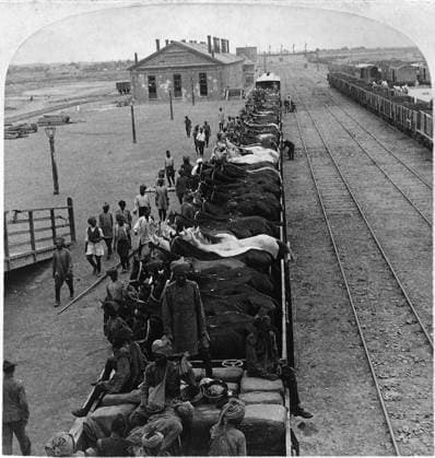 CHINA: TIENTSIN, c1901. The arrival of horses of the 1st Bengal Lancers, a unit of the British Indian Army, at the station in Tientsin, China, during the Boxer Rebellion. Stereograph, c1901.  Copyright: xGRANGERx xGRANGERx 0116518