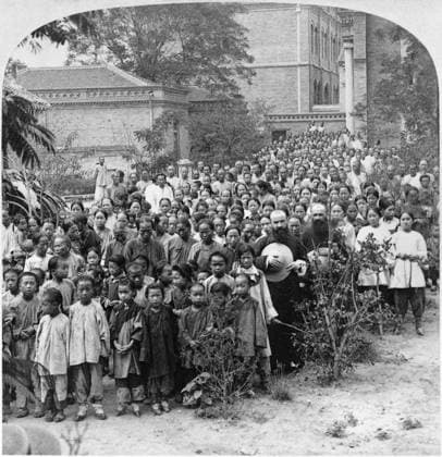 CHINA: BOXER REBELLION. Chinese Christian refugees gathered by Father Quilloux into the Apostolic Mission during the bombardment of Tientsin, China. Stereograph, c1901.  Copyright: xGRANGERx xGRANGERx 0116710