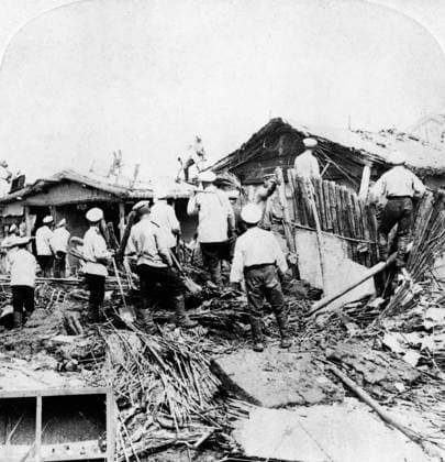 CHINA: BOXER REBELLION. Russian soldiers destroying Tonggu by tearing down the mud houses which might shelter the Boxers , Tonggu, China. Stereograph, c1901.  Copyright: xGRANGERx xGRANGERx 0116714