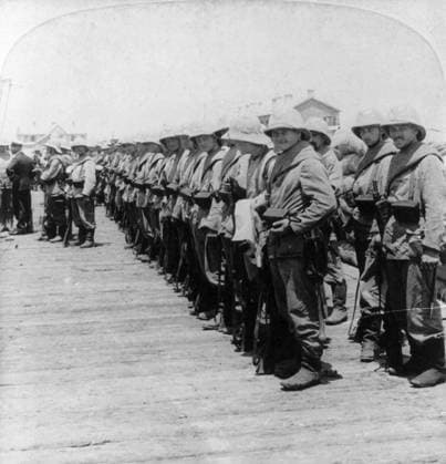 CHINA: BOXER REBELLION. German troops lined up on the dock at Tonggu awaiting transportation to Tientsin, China, during the Boxer Rebellion. Stereograph, 1901.  Copyright: xGRANGERx xGRANGERx 0118184