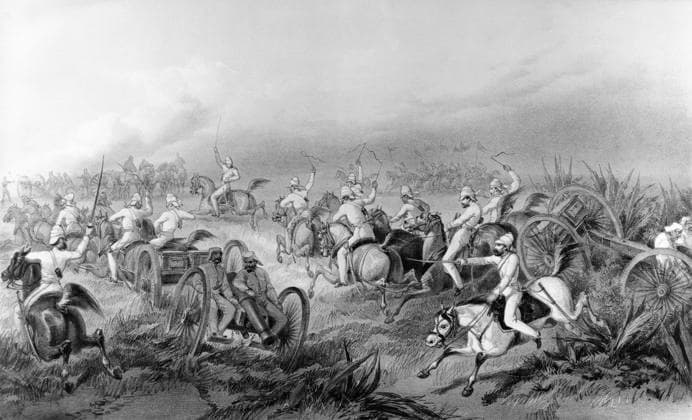 INDIA: SEPOY REBELLION, 1857. British troops charging against Indian mutineers on a battlefield during the Sepoy Rebellion, 1857. Lithograph by George Francklin Atkinson, c1857.  Copyright: xGRANGERx xGRANGERx 0118849