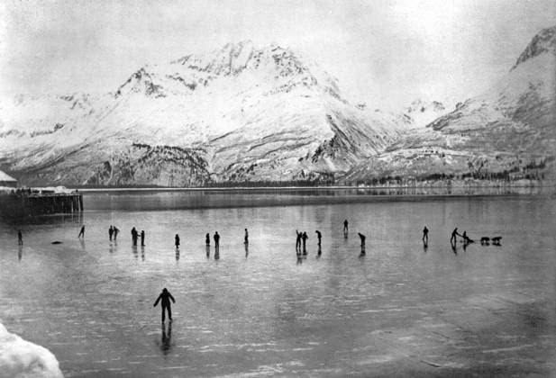 ALASKA: ICE SKATERS, c1905. People ice skating on ice that has formed along the shore of the harbor at Valdez, Alaska. Photograph, c1905.  Copyright: xGRANGERx xGRANGERx 0118908