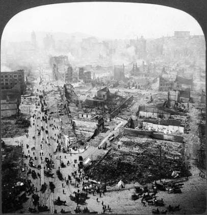 SAN FRANCISCO EARTHQUAKE. Aerial view of burned district from Ferry tower, following the earthquake of 18 April 1906. Stereograph, 1906.  Copyright: xGRANGERx xGRANGERx 0119599
