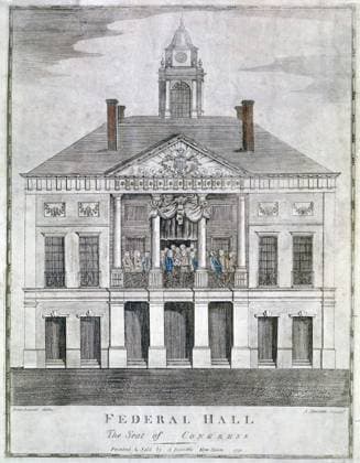 WASHINGTON: INAUGURATION, 1789. The inauguration of George Washington as the first president of the United States at Federal Hall, New York City, 30 April 1789. Engraving by Amos Doolittle, 1790.  Copyright: xGRANGERx xGRANGERx 0124470