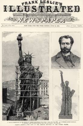 STATUE OF LIBERTY, 1885. Front page of Frank Leslie s Illustrated Newspaper, 13 June 1885, hailing the gift of the French Republic to the United States. Two engravings show the statue under construction in Paris, a third is a portrait of Frédéric-August Bartholdi, its creator.  Copyright: xGRANGERx xGRANGERx 0125161