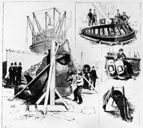 STATUE OF LIBERTY, 1885. Visitors to Bedloe Island in New York Harbor see fragments of the statue, delivered in June. Construction on the pedestal is still ongoing. Wood engraving, American, October 1885.  Copyright: xGRANGERx xGRANGERx 0125193