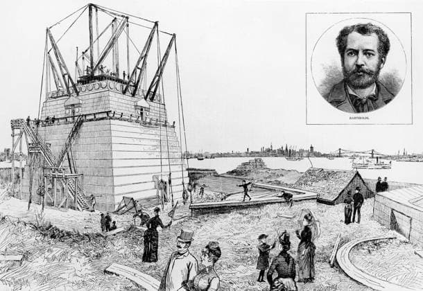 STATUE OF LIBERTY, c1884. Visitors to Bedloe Island in New York Harbor inspect the progress on the construction of the foundation for the Statue of Liberty. The recently finished Brooklyn Bridge can be seen in the background. Wood engraving, American, c1884  Copyright: xGRANGERx xGRANGERx 0125196